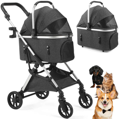 Portable Lightweight Pet Stroller for Medium Dogs - Smooth-Ride 4-in-1 Car Seat Combo with Detachable Carrier Rubber Wheels Quick-Folding for Seniors Cats