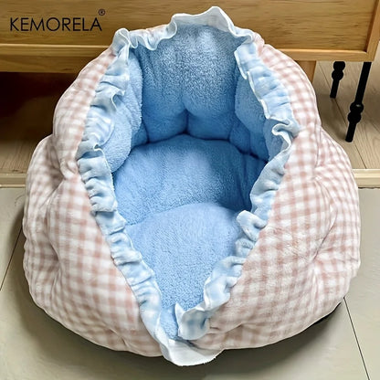 KEMORELA Cozy Semi-Closed Lace Pet Nest with Thickened Warmth, Winter Design Machine Washable, for Small Dogs & Cats,Cat Shelter