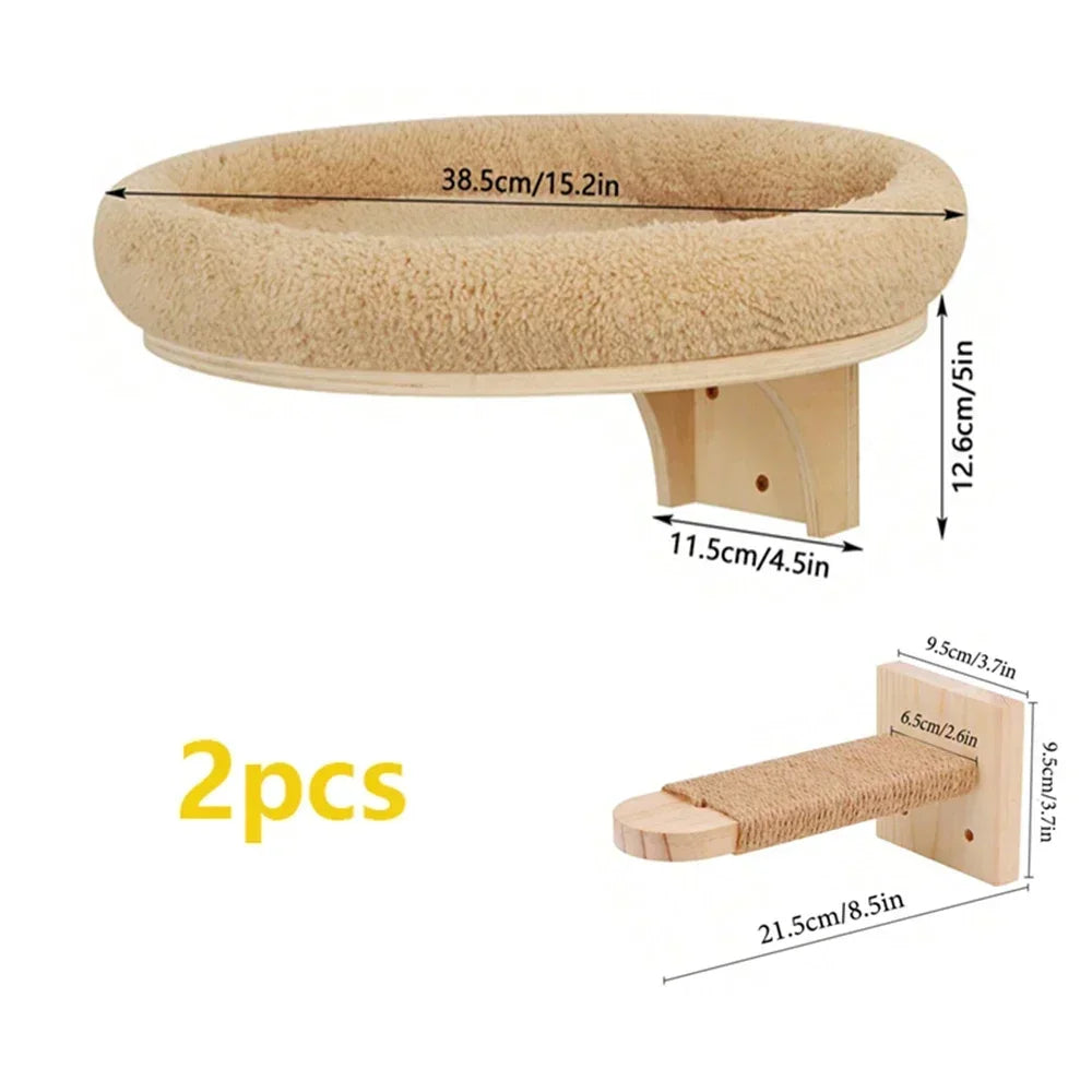 Wall-Mounted Cat Hammock Cat Climbing Stairs Solid Wood Cat Tree Tower Scratcher Rope Ladder Kitten House Indoor Cat Playground