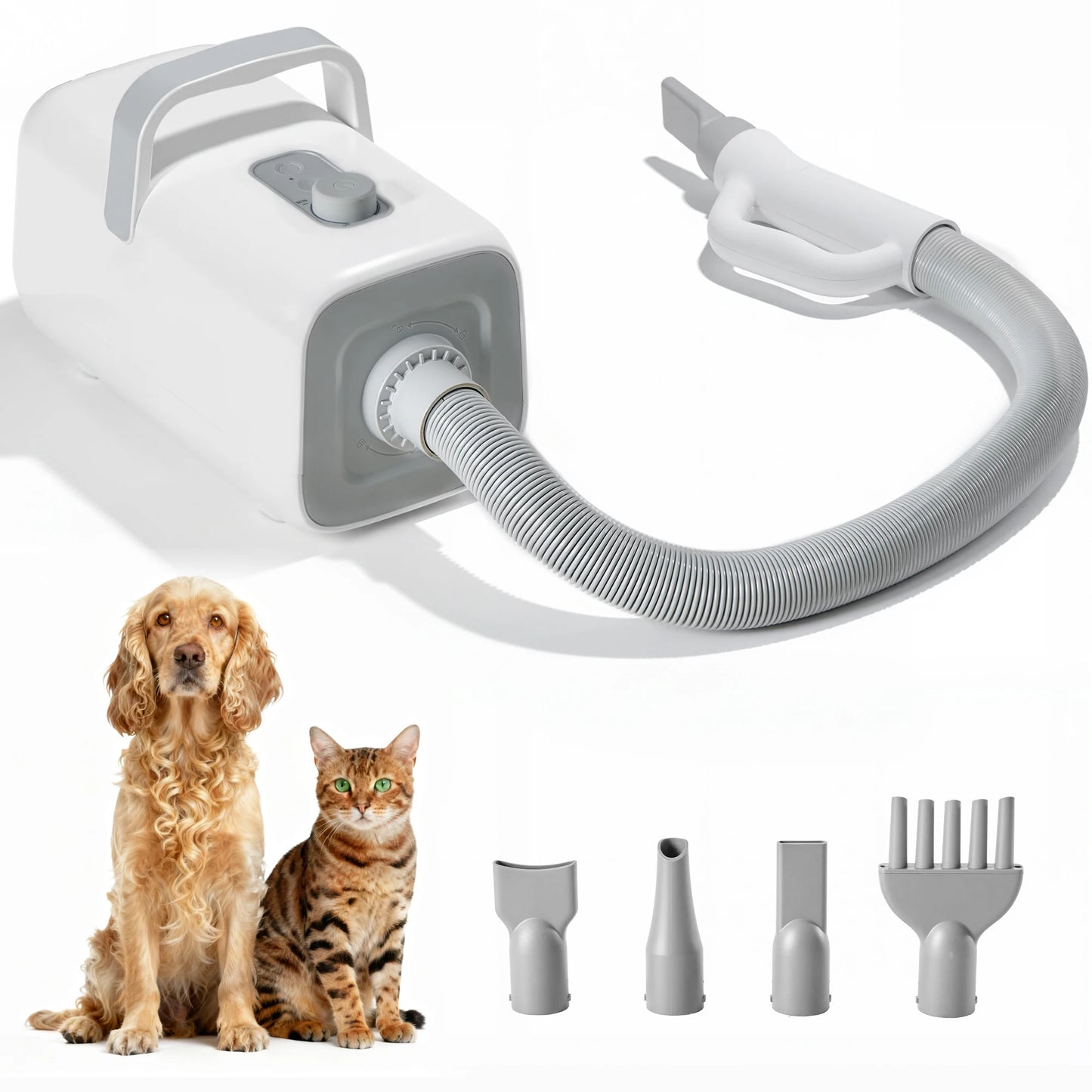 JHK 5-piece Pet Blow Dryer Grooming Vacuum Kit 4 Nozzles 6.5 FT Cord for Low Noise Dog Hair Dryer with Adjustable Cool-Warm-Hot