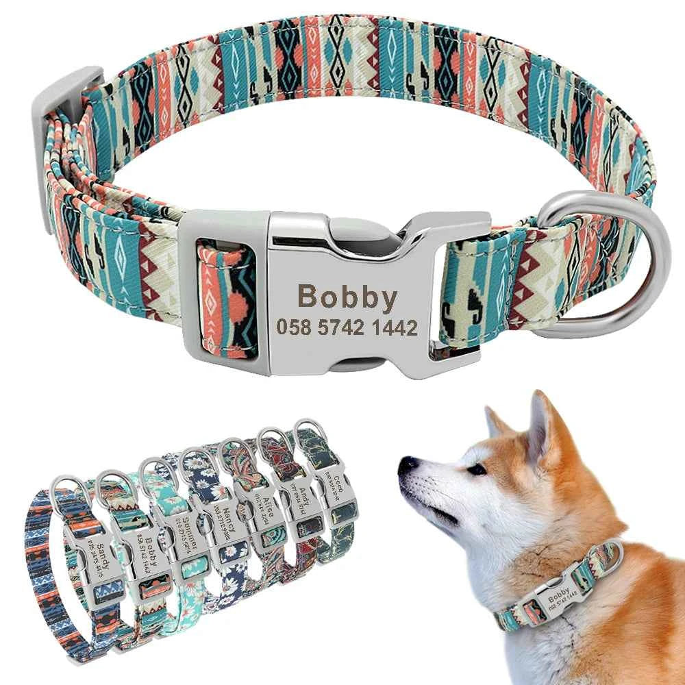 Personalized Engraved Dog Collar Nylon Floral Pet Puppy Collar Print Custom Pet Necklace for Small Medium Large Dogs Pitbull Pug
