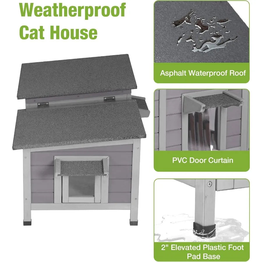Weatherproof Large Outdoor Cat House – Openable Roof Feral Cat Shelter with Elevated Base & PVC Door - Bdba PK