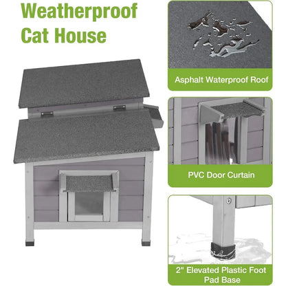 Weatherproof Large Outdoor Cat House – Openable Roof Feral Cat Shelter with Elevated Base & PVC Door - Bdba PK
