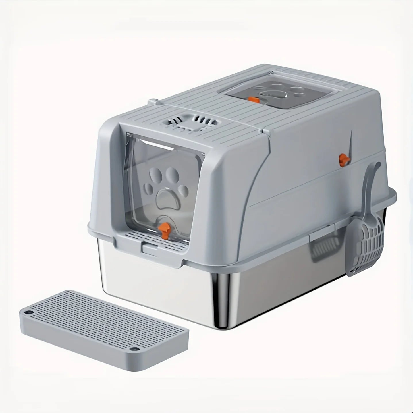 Extra Large Stainless Steel Cat Litter Box Convertible to Fully or Semi-Enclosed Detachable Flip Cover with Pedal &Scoop,for Cat