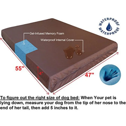 Orthopedic Waterproof Heavy Duty Gel Cool Memory Foam Dog Bed for Large Pet Nylon Cover in Brown Jumbo 55X47X4