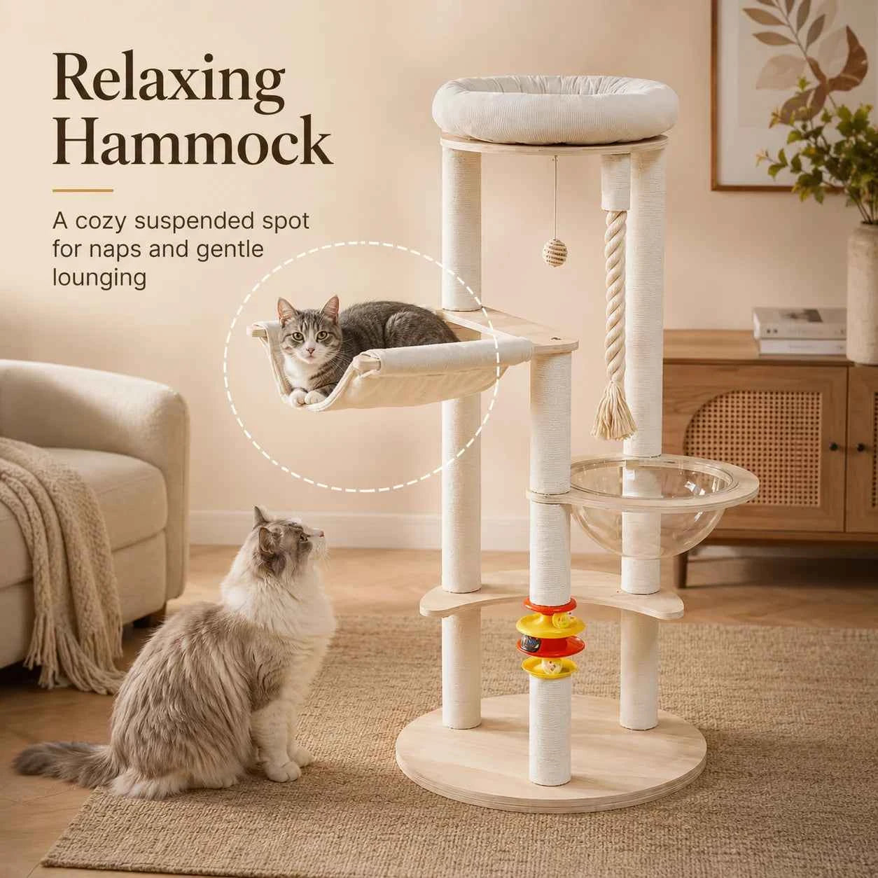 Multi-Functional Cat Tree Tower with Space Capsule, Hanging Ball, Scratching Posts, and Soft Condo - Sturdy Wooden Design for Kittens and Adult Cats, Cat Tree Tower