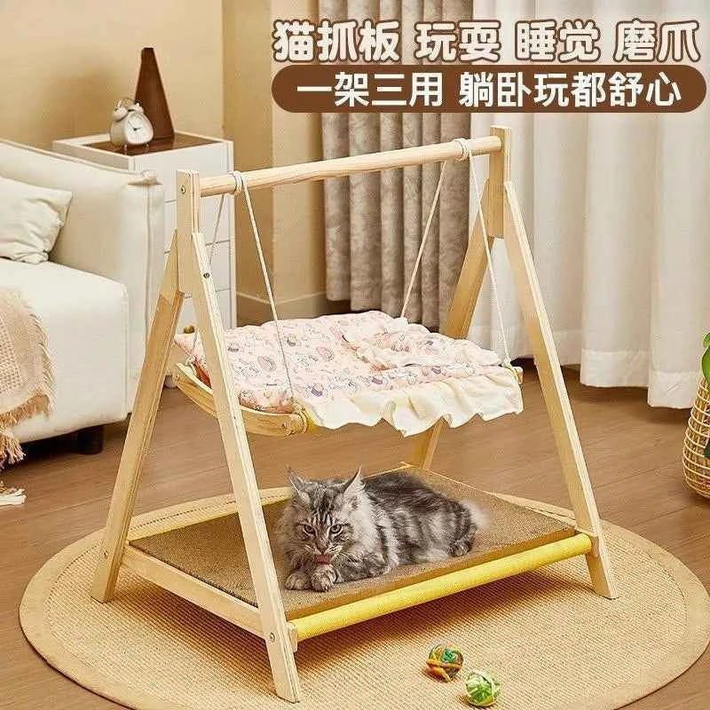 Double Layer Cat Hammock Bed with Wooden Frame All Season Pet Swing for Cats