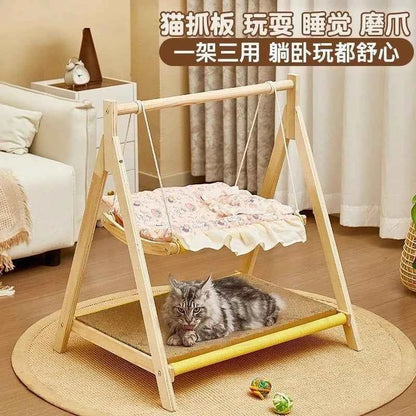 Double Layer Cat Hammock Bed with Wooden Frame All Season Pet Swing for Cats