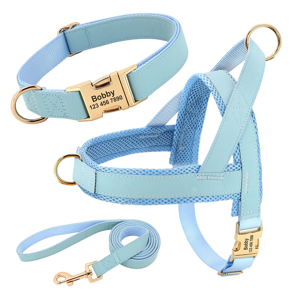 Personalized Dog Collar Harness Leash Set Custom Dog Collars No Pull Pet Vest For Small Medium Large Dogs Pets Walking Lead Rope