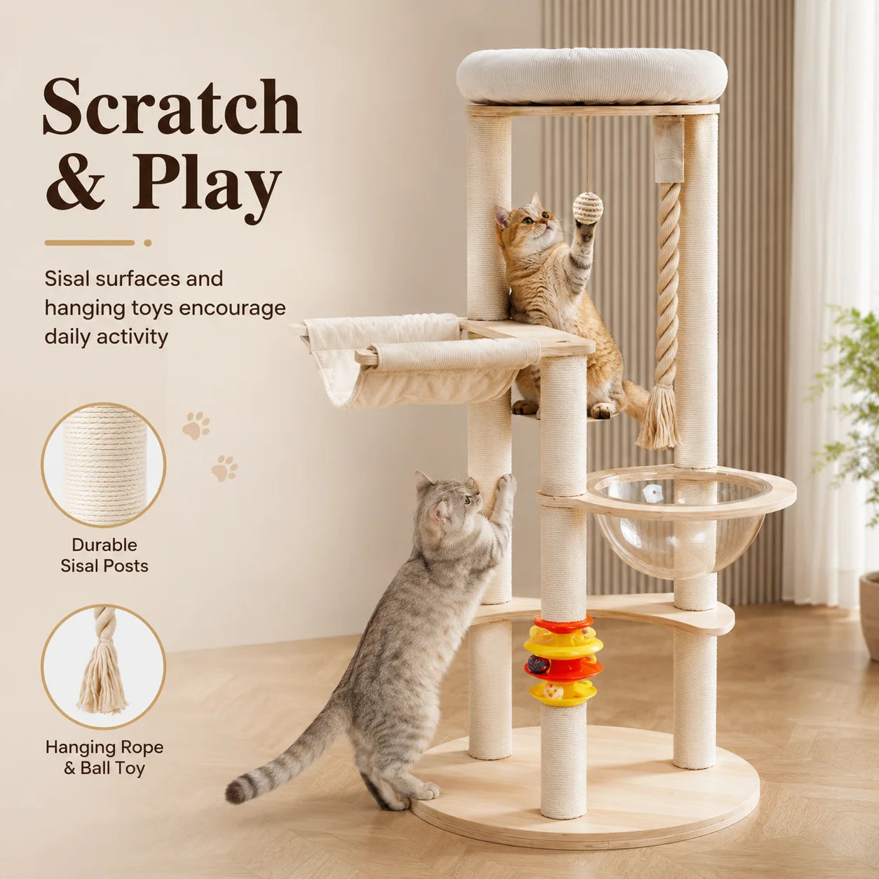 Multi-Functional Cat Tree Tower with Space Capsule, Hanging Ball, Scratching Posts, and Soft Condo - Sturdy Wooden Design for Kittens and Adult Cats, Cat Tree Tower