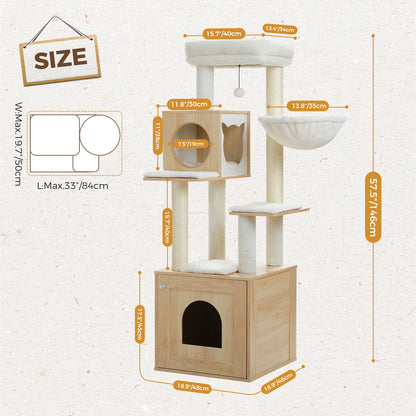 Wood Cat Tree with Storage Cabinet Sisal Scratching Posts Cozy Condo Hammock Dangling Balls Large Cat Tower for Indoor Pet Furniture Cat Toys
