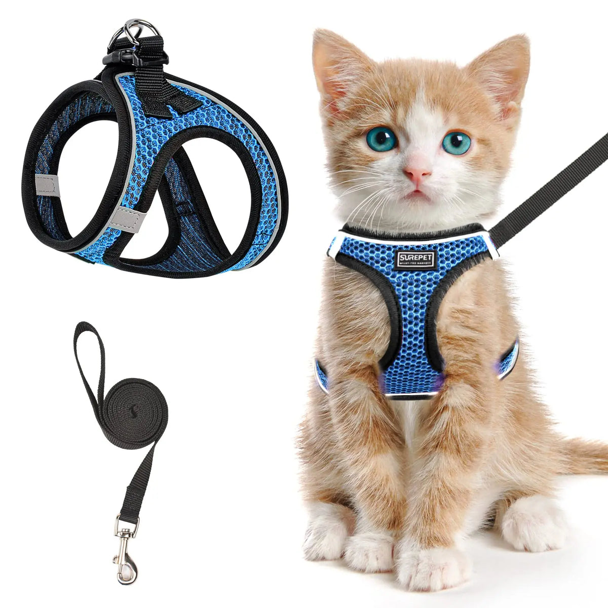 Cat Harness and Leash for Walking, Escape Proof, Adjustable Kitten Vest, Reflective Soft Mesh, Puppy Harness for Outdoor - Bdba PK