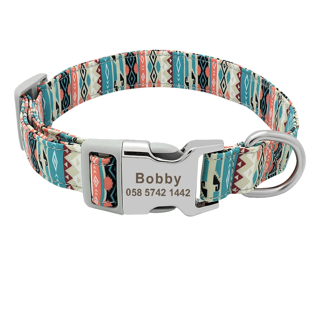 Personalized Engraved Dog Collar Nylon Floral Pet Puppy Collar Print Custom Pet Necklace for Small Medium Large Dogs Pitbull Pug