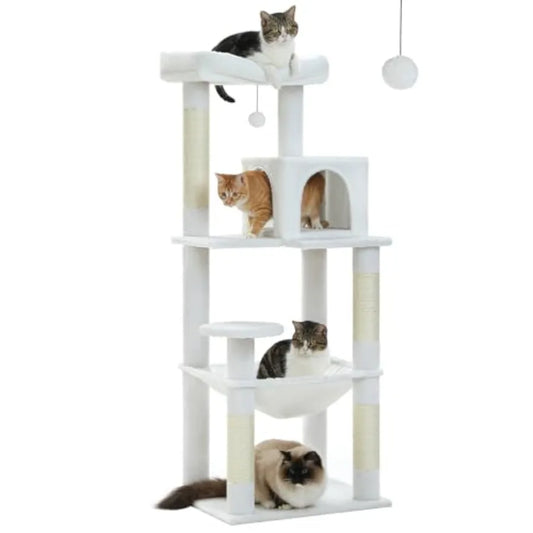 56.3" Cactus Cat Tree with Metal Hammock, 6 Tiers, 6-tier shelves, Metal plush hammock, 2-door condo house, Sisal posts, Large