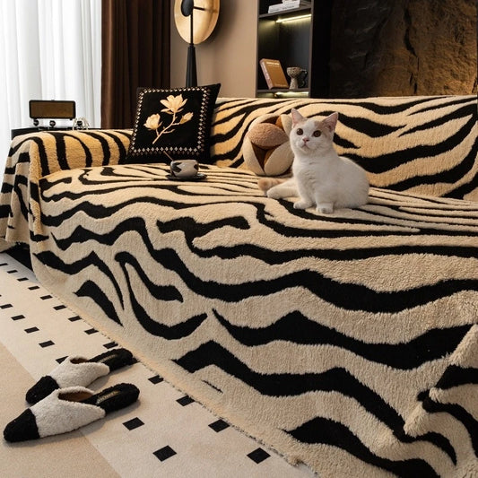 1PC Zebra Stripes Jacquard Fleece Warm Sofa Towel Thicken Blanket for Living Room Couch Decor