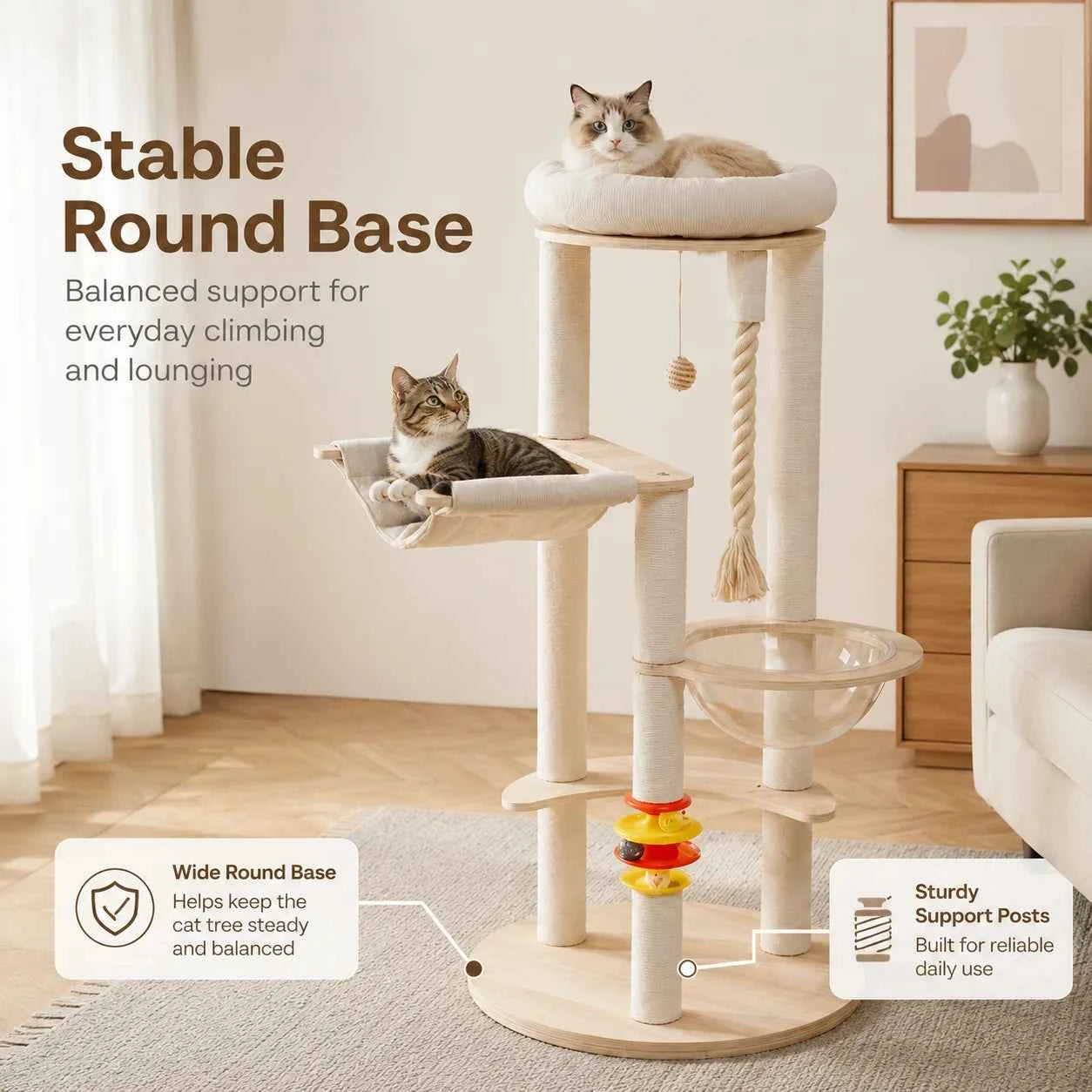 Multi-Functional Cat Tree Tower with Space Capsule, Hanging Ball, Scratching Posts, and Soft Condo - Sturdy Wooden Design for Kittens and Adult Cats, Cat Tree Tower