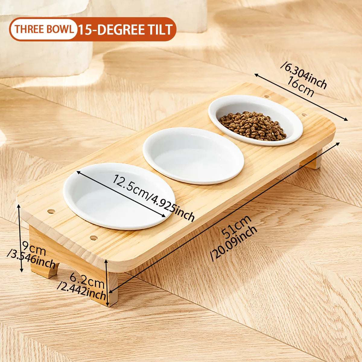 Pet Ceramic Bowl/Stainless Steel Bowl and Wooden Bowl Stand Set, Cat Bowl with Slightly Tilted Stand, Cat and Dog Supplies