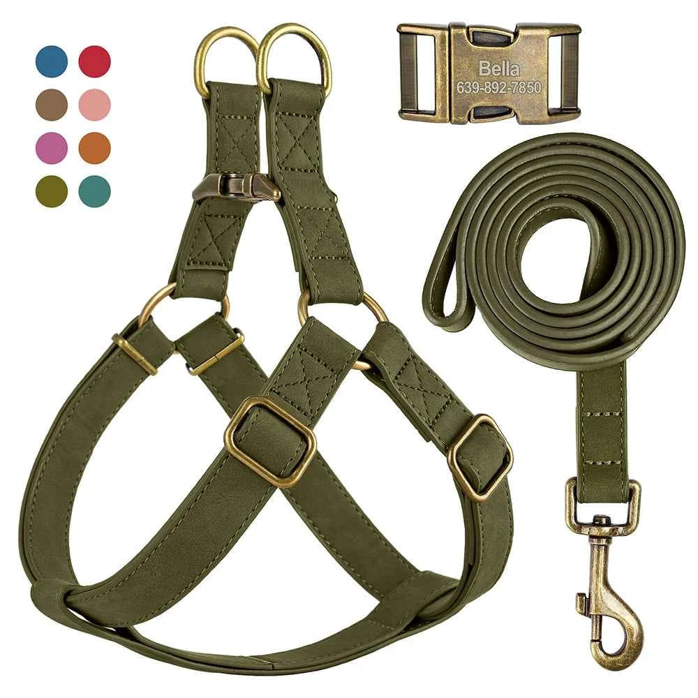 Free Personalized Dog Harness Leash Set PU Leather Dogs Harness Engraved ID Buckle Necklace for Small Medium Large Dogs Pitbull