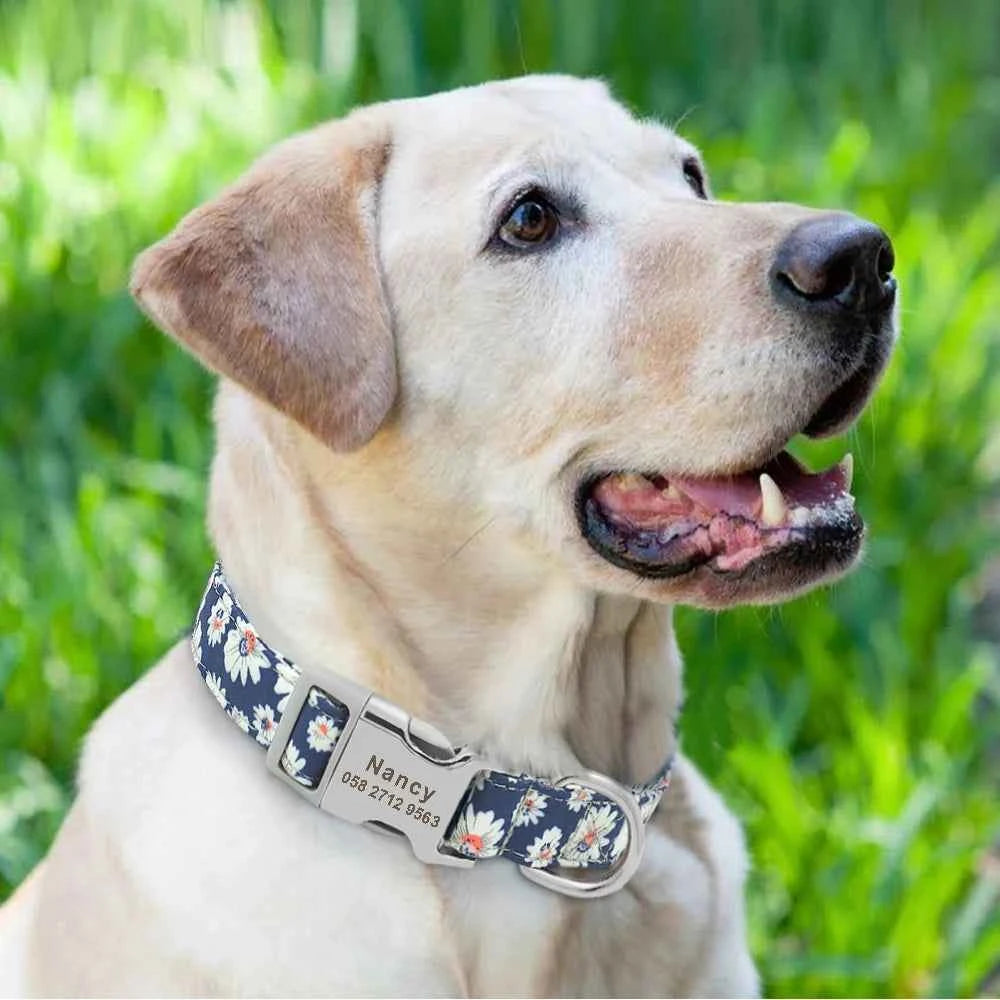 Personalized Engraved Dog Collar Nylon Floral Pet Puppy Collar Print Custom Pet Necklace for Small Medium Large Dogs Pitbull Pug