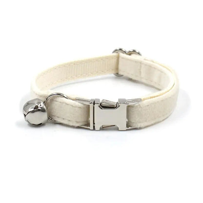 Personalized Cat Collar with Bell, Customized Nameplate, ID Metal Buckle, Adjustable Cream White Velvet Cat Collars with Bell