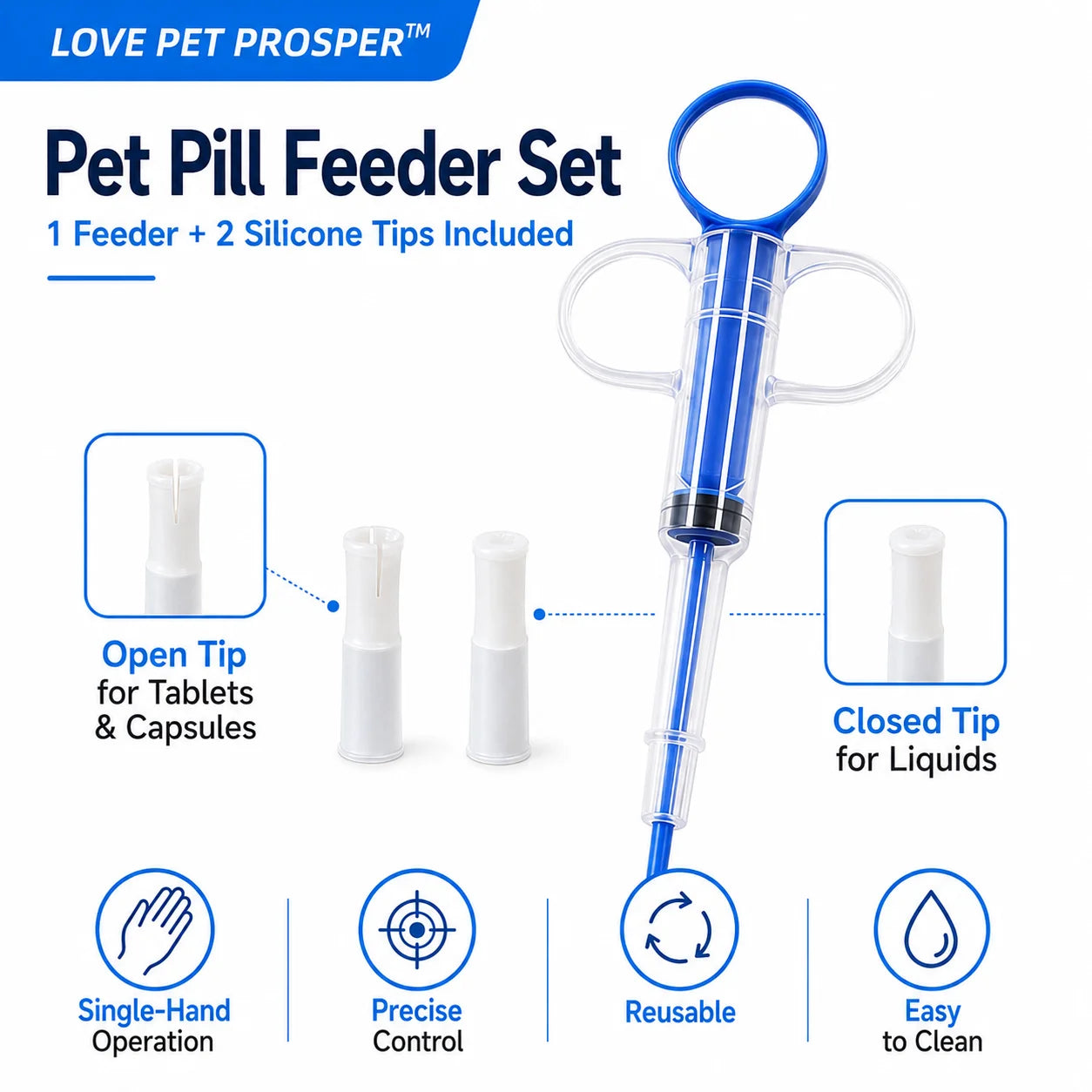 LOVE PET PROSPER Pet Pill Feeder for Dogs & Cats, Reusable Pet Medicine Syringe with 2 Soft Silicone Tips, Easy Pill Dispenser for Tablets, Capsules & Liquids, Mess-Free Oral Medication Feeding Tool