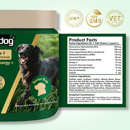 NUTRIDOG Senior Dog Vitamins Chews NAD Joint Mobility Cellular Energy Coat Brilliance Support for 3-In-1 Dogs Soft Chews