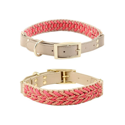 Hand-Knitted Leather Pet Collar Leash Set Multi-Colored Stripe Dog Collar Soft Adjustable Braided Dog Collar with Metal Buckle