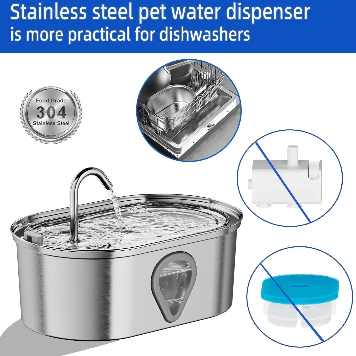 3.5L Stainless Steel Cat Water Fountain with Water Level Window Pet Fountain Cat Dog Water Dispenser for Multiple Cats Fountain - Bdba PK