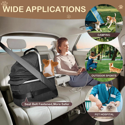 Portable Lightweight Pet Stroller for Medium Dogs - Smooth-Ride 4-in-1 Car Seat Combo with Detachable Carrier Rubber Wheels Quick-Folding for Seniors Cats