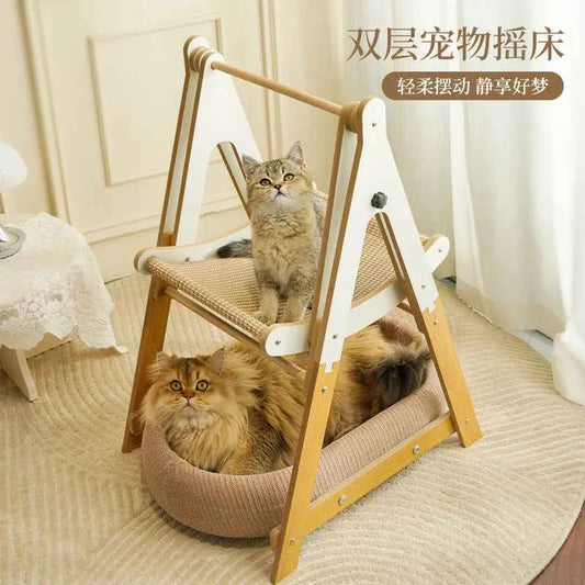 Meow Fairy Cat Hammock Swing Cat Nest with Two Layers of Hemp Mat, All-Season Cat Hanging Basket, Elevated Pet Rocking Bed