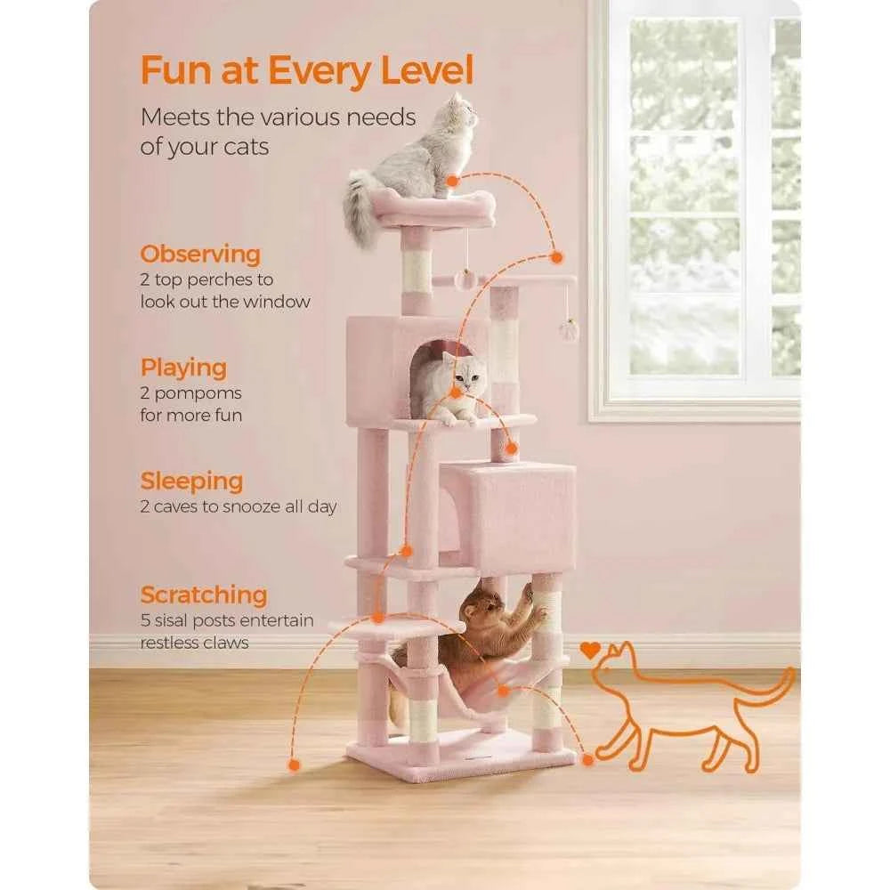 Tall Multi Level Cat Tree Condo with Scratching Posts Perches Caves Hammock and Toys