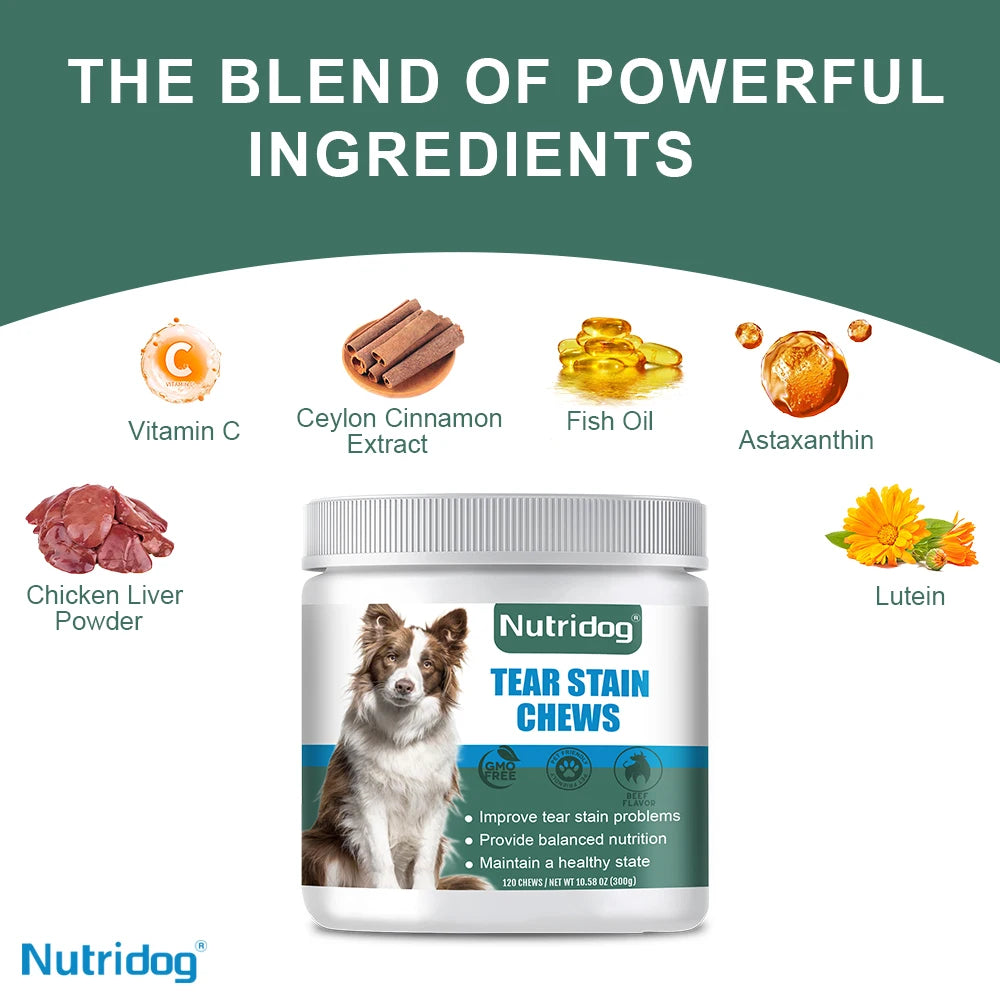 NUTRIDOG Dog Tear Stain Chews Cranberry Vitamins Omega-3 Improve Tear Stains Support Eye Health 120 PCS/Bottle