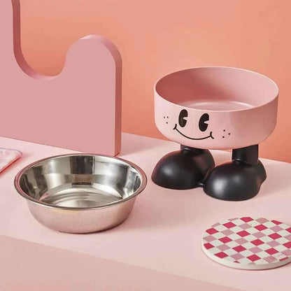 Pet Bowl A smiling face high-legged, fashionable stainless steel large-capacity dog bowl for feeding and water, neck-protectin