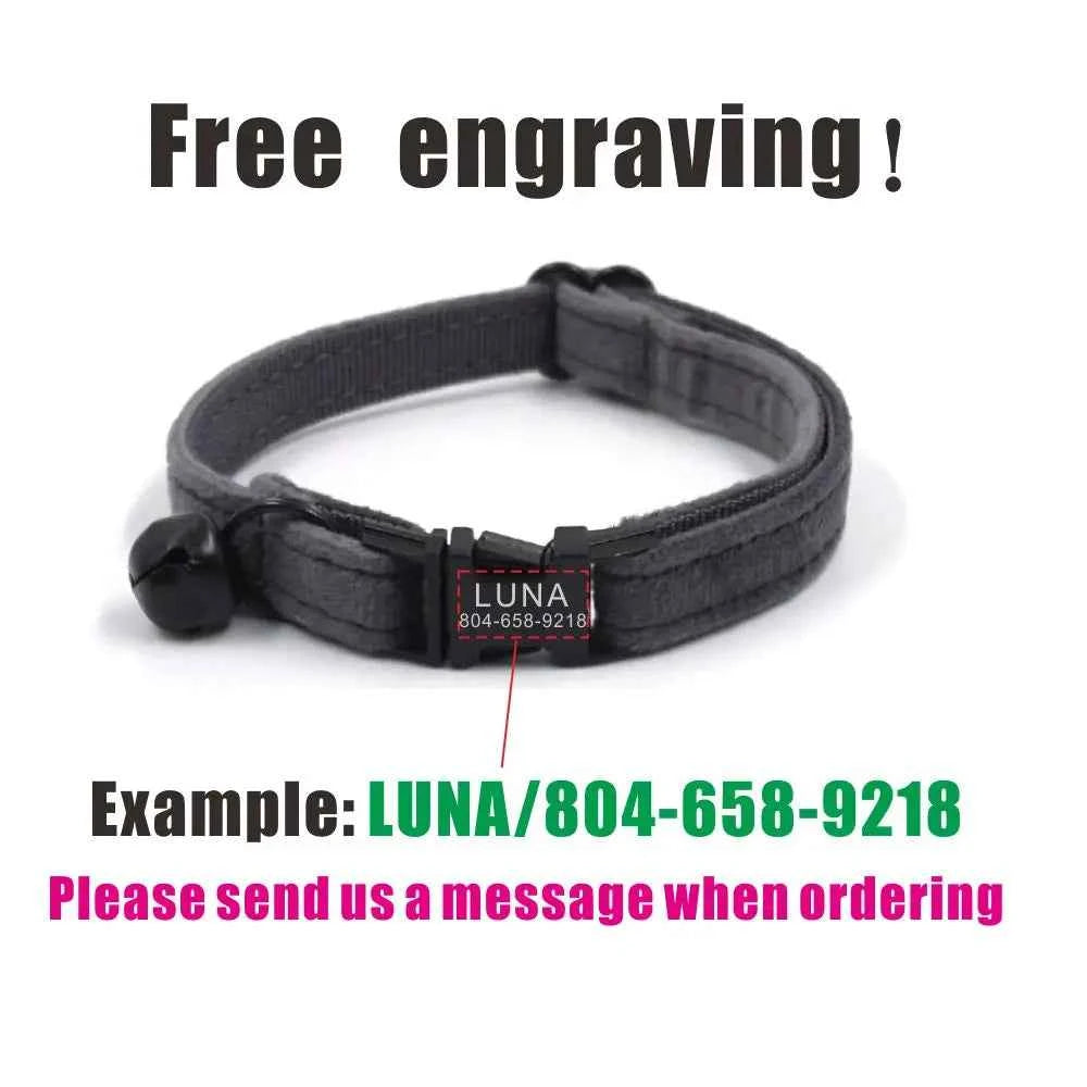 Personalized Cat Collar with Bell, Customized Nameplate, Adjustable ID Metal Buckle, Black and Grey Velvet Cat Collars with Bell