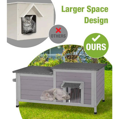 Weatherproof Large Outdoor Cat House – Openable Roof Feral Cat Shelter with Elevated Base & PVC Door - Bdba PK