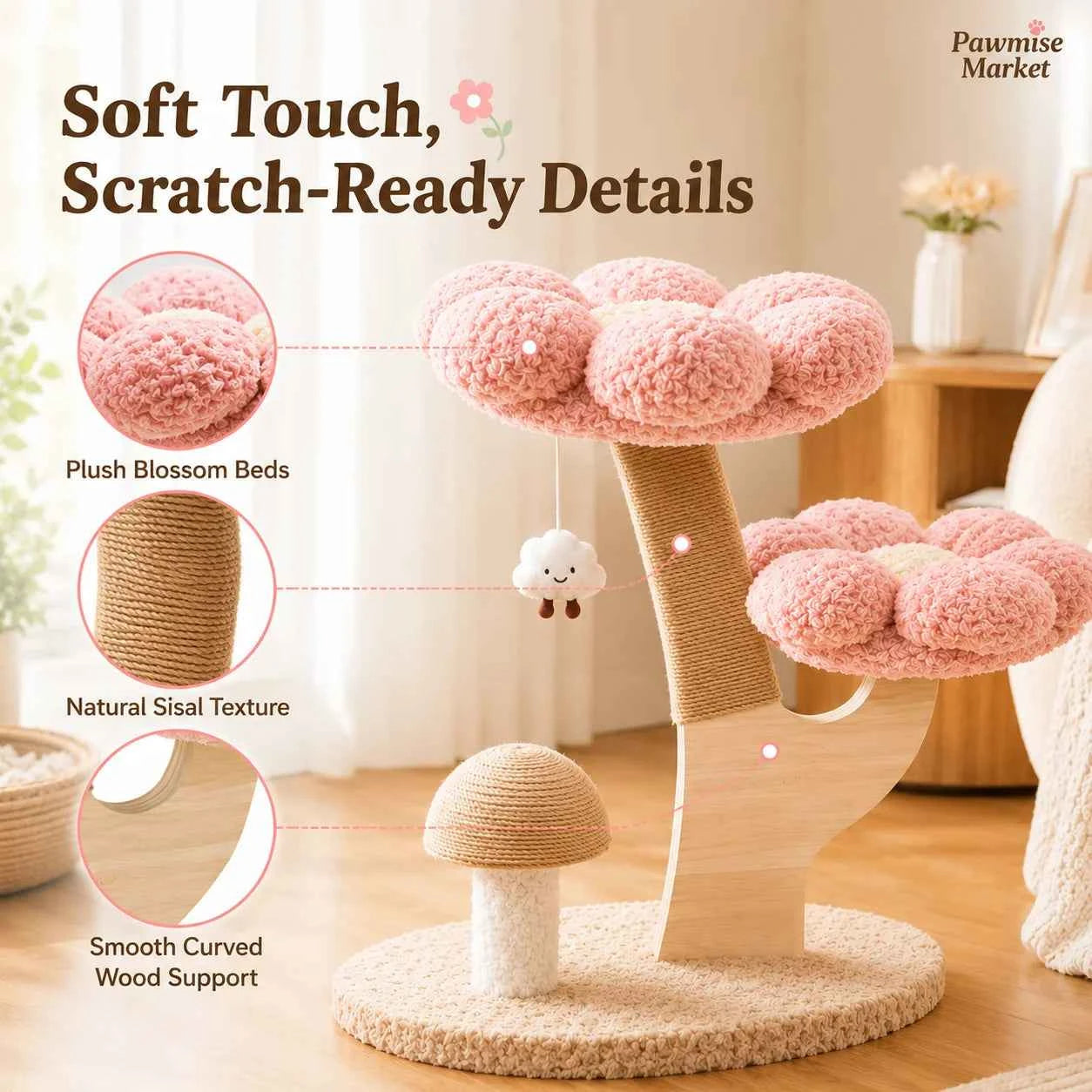 28.35-Inch Flower Cat Tree for Indoor Cats, 2-Tier Pink Plush Cat Tower with Sisal Scratching Post, Mushroom Scratcher and Hanging Cloud Toy, Compact Activity Center for Kittens and Small Cats