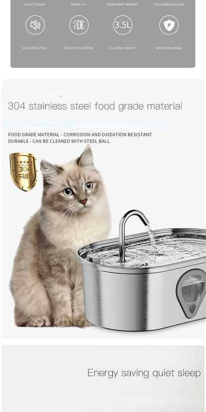 3.5L Stainless Steel Cat Water Fountain with Water Level Window Pet Fountain Cat Dog Water Dispenser for Multiple Cats Fountain - Bdba PK