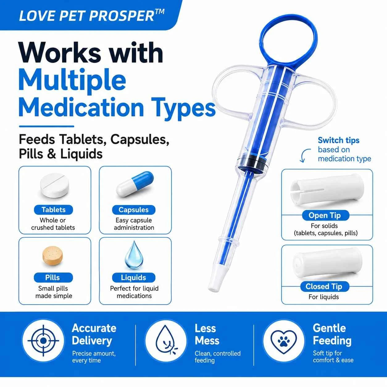 LOVE PET PROSPER Pet Pill Feeder for Dogs & Cats, Reusable Pet Medicine Syringe with 2 Soft Silicone Tips, Easy Pill Dispenser for Tablets, Capsules & Liquids, Mess-Free Oral Medication Feeding Tool