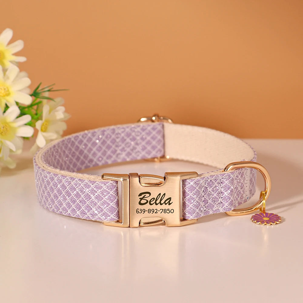 Bling Nylon Custom Dog Collar Cute Flower Tag Dog Collars Engraving Pet Name ID Buckle Necklace For Small Large Dogs Chihuahua