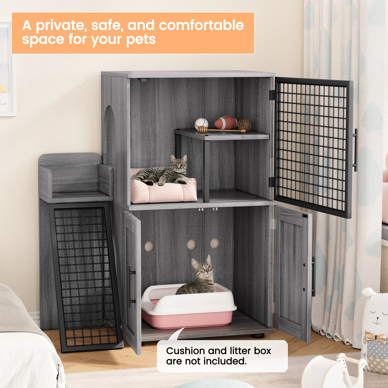 HiMISS Cat Litter Box Enclosure with Platform – Double Layer Hidden Furniture Washroom with Ladder - Bdba PK