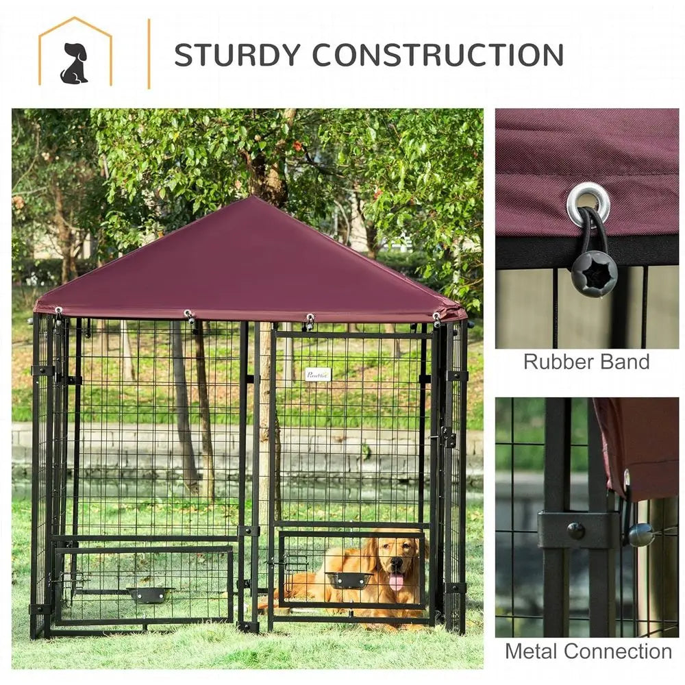 Outdoor Dog Kennel, 4.6x4.6x5 Feet, Rotating Bowls, Waterproof & UV-Resistant Cover, Suitable for S&M Breeds, Poultry