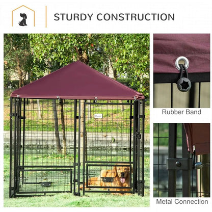 Outdoor Dog Kennel, 4.6x4.6x5 Feet, Rotating Bowls, Waterproof & UV-Resistant Cover, Suitable for S&M Breeds, Poultry