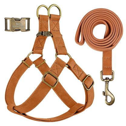 Free Personalized Dog Harness Leash Set PU Leather Dogs Harness Engraved ID Buckle Necklace for Small Medium Large Dogs Pitbull
