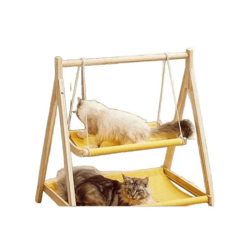 Double Layer Cat Hammock Bed with Wooden Frame All Season Pet Swing for Cats