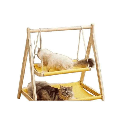 Double Layer Cat Hammock Bed with Wooden Frame All Season Pet Swing for Cats