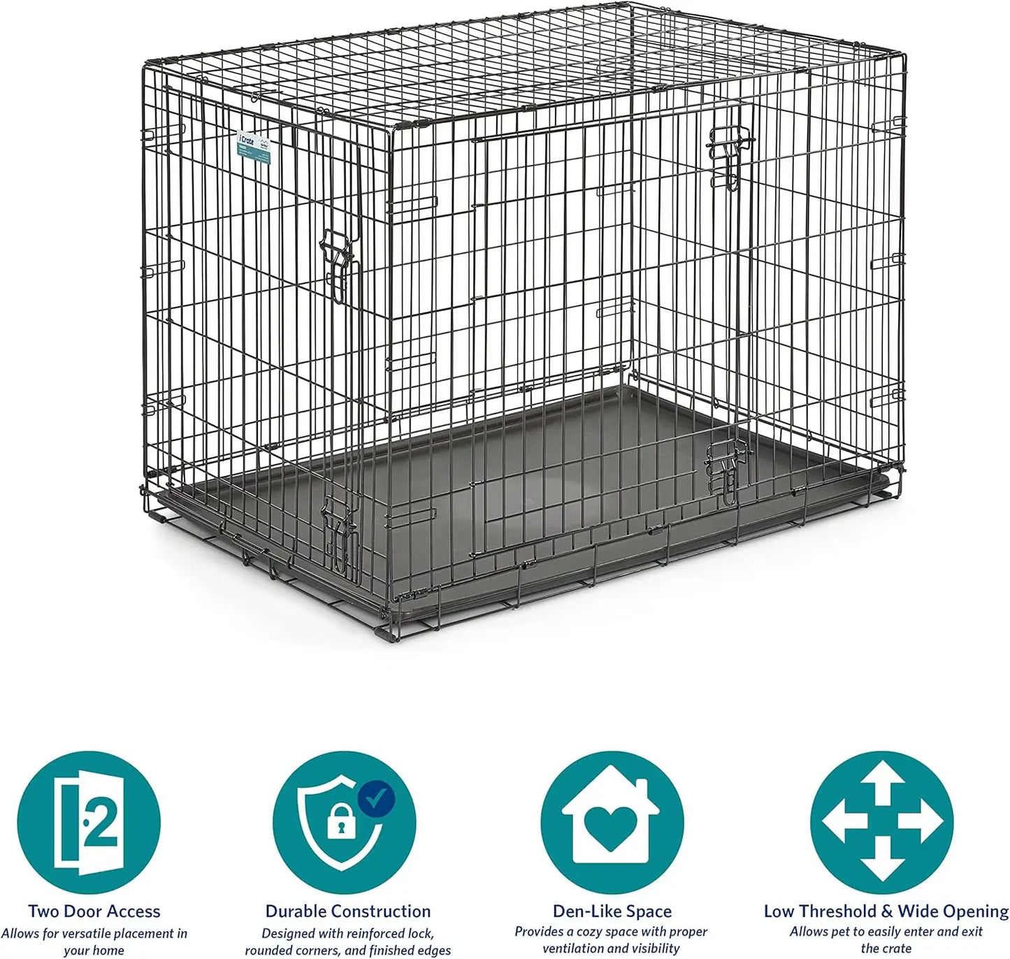 42-Inch Two-Door Folding Dog Crate with Divider, Leak-Proof Tray & Secure Latches – Metal Wire Kennel for Large Breeds – Portabl