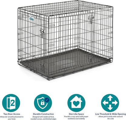 42-Inch Two-Door Folding Dog Crate with Divider, Leak-Proof Tray & Secure Latches – Metal Wire Kennel for Large Breeds – Portabl