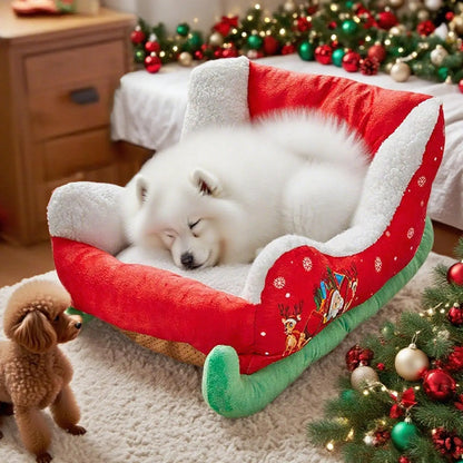 Christmas Sleigh Dog Bed Festive Plush Cozy Nest Insulated Winter Accessories Dog Houses Supplies Habitats Basket House Beds