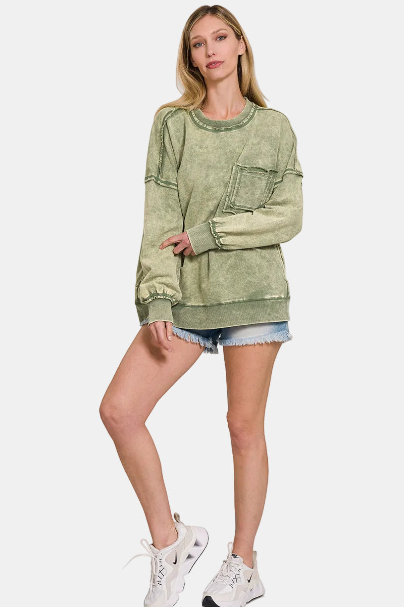 F/Terry Acid Wash Raw Edge Front Pocket Pullover / CORNFLOWER BLUE
