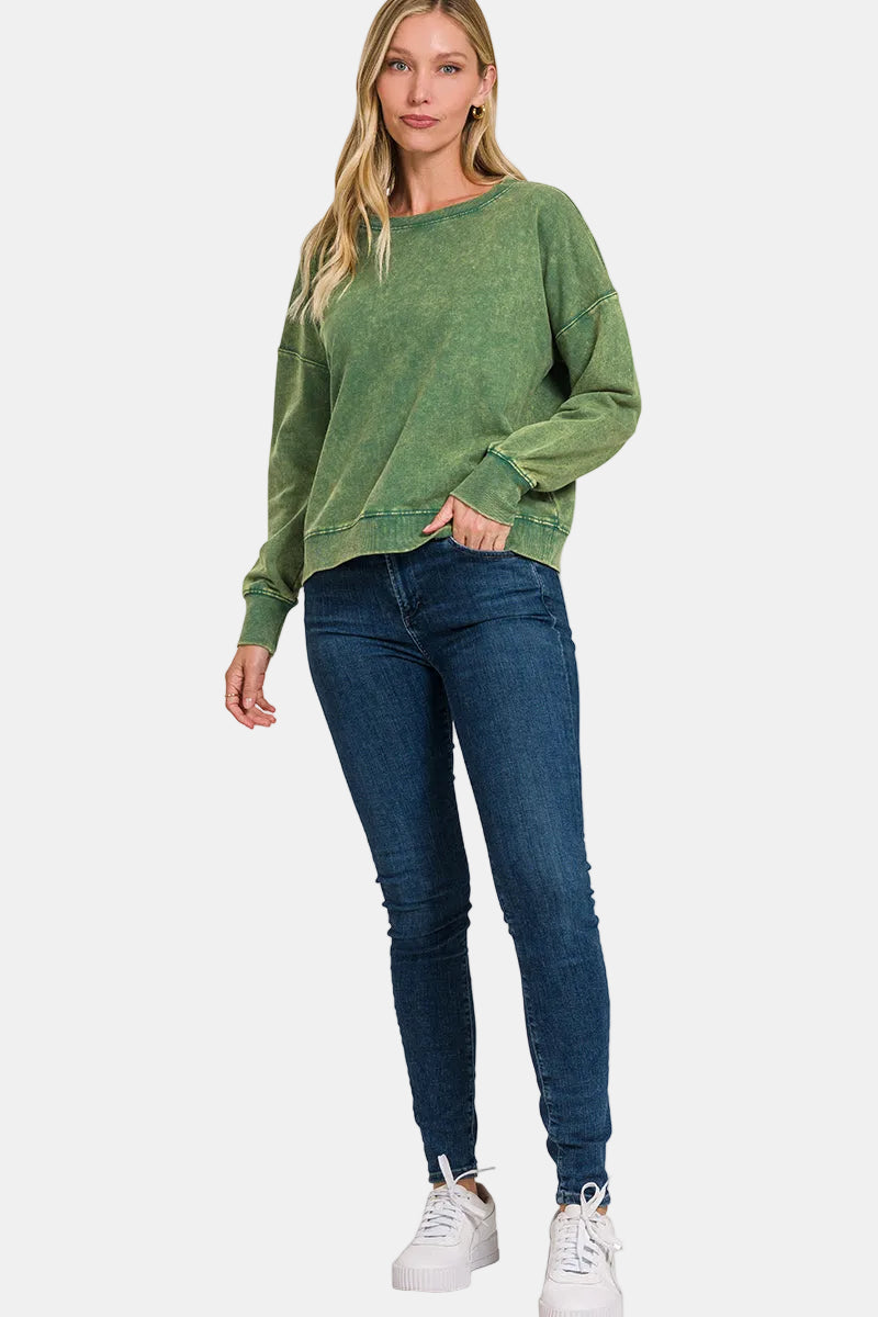 French Terry Acid Wash Boat Neck Pullover / OCEAN BLUE